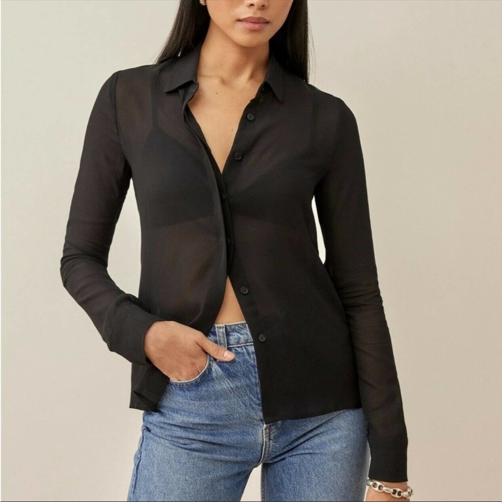 REFORMATION Violet Top Sheer Button Down Blouse Long Sleeve Black Size S